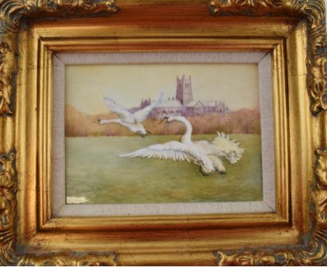 Christopher Hughes (former Royal Worcester artist) hand painted rectangular plaque of Flying Swans near Worcester Cathedral, 