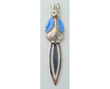 Silver bookmark with Peter Rabbit with blue enamel coat, 7.5cm long.  