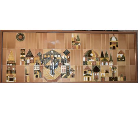 Attributed to Roger Capron: A Mid Century Mosaic Tile Wall Hanging: 50 x 128cm, framed.  Collection only.