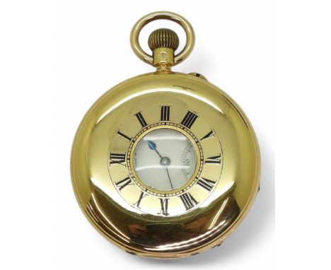 A HALF HUNTER POCKET WATCH made in 18ct gold hallmarked Chester 1904, enamel chapter ring to out case, classic white enamel d