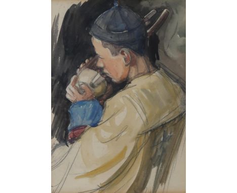 † ELEANOR MOORE ROBERTSON (SCOTTISH 1885-1955) STUDY FOR 'PLAYING THE CHENG' Pencil and watercolour, 17.5 x 12.5cm (7 x 5") C