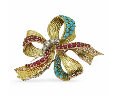 A KUTCHINSKI BROOCH set with bands of diamonds, rubies and turquoise. London 18ct gold hallmarks for 1960, with Kutchinsky ma
