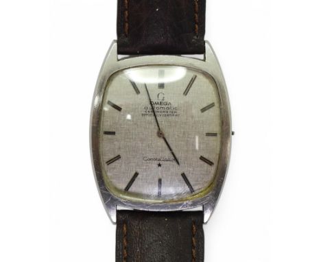 AN OMEGA CONSTELLATION AUTOMATIC with a stainless steel case, silvered brushed textured dial with baton numerals and hands, t