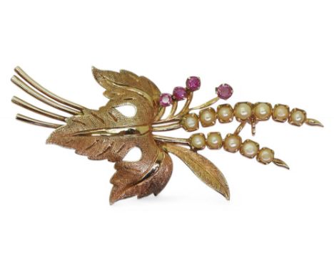 A RUBY &amp; PEARL BROOCH made in Ceylon in bright yellow metal and set with full button shaped pearls and four rubies. Lengt