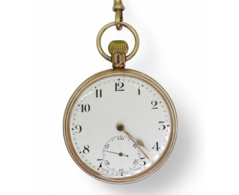 A 9CT POCKET WATCH AND CHAIN the open face pocket watch, has a classic white enamel dial with black Arabic numerals, subsidia