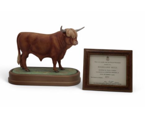 DORIS LINDNER FOR ROYAL WORCESTER - HIGHLAND BULL limited edition no. 103/500, printed marks, on oval base, 26cm long, with f