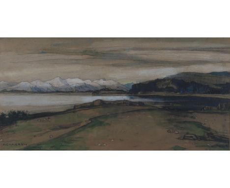 † KATE CAMERON RSW RE (SCOTTISH 1874-1965) WINTER IN ARGYLL Mixed media on brown paper, signed lower left, 23 x 46cm (9 x 18"