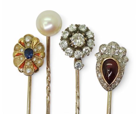 FOUR VINTAGE PINS an old cut diamond cluster, set with estimated approx 0.85cts, in yellow metal cut back settings, and a yel