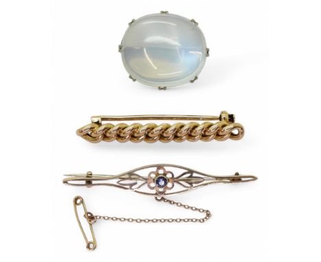 THREE VINTAGE BROOCHES to include, a large moonstone brooch, mounted in hard white metal, hand made and bespoke for this moon
