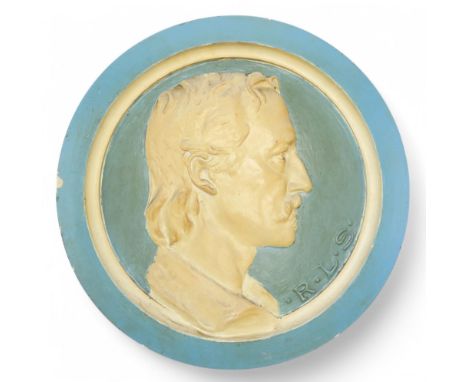 A PAINTED PLASTER PORTRAIT ROUNDEL PLAQUE DEPICTING ROBERT LOUIS STEVENSON After Henry Snell Gamley (1865-1928), measuring ap