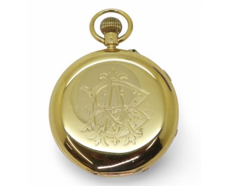 A FULL HUNTER POCKET WATCH classic white enamel dial with black Roman numerals, silver coloured hands with blued steel second