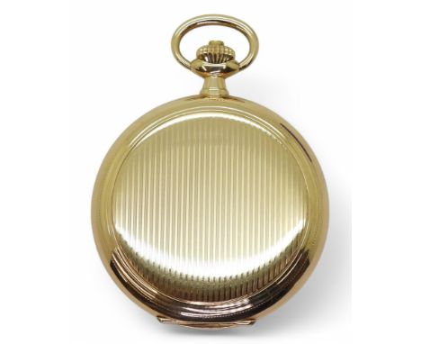 AN OMEGA POCKET WATCH cased in 14k gold, with classic white enamelled dial with decorative black Arabic numerals, subsidiary 