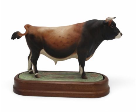 DORIS LINDNER FOR ROYAL WORCESTER - JERSEY BULL limited edition no. 369/500, printed marks, on oval wooden base, 26cm long, w