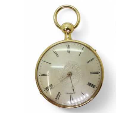 A GERMAN OPEN FACE POCKET WATCH with quarter repeater mechanism. The case in bright yellow metal, with all over machine engra