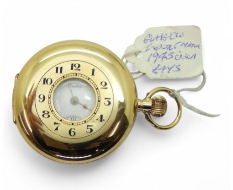BENSON HALF HUNTER with enamelled chapter ring, opening to classic white enamel with black Arabic numerals, and gold coloured