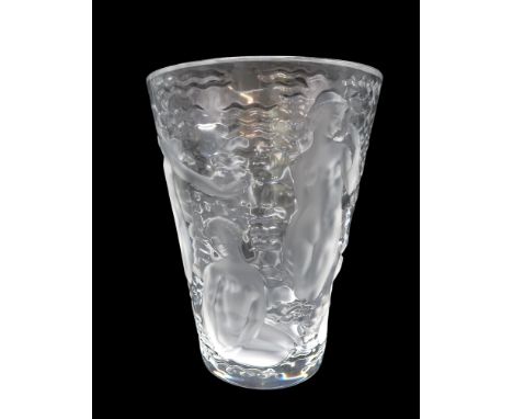 A LALIQUE ONDINES PATTERN VASE designed in 1952, of tapering form, decorated with eight nudes on a wavy ground, 24cm high Con