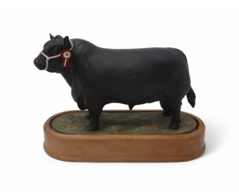 DORIS LINDNER FOR ROYAL WORCESTER - ABERDEEN ANGUS BULL printed marks, on oval wooden base, 26cm long Condition Report:in goo