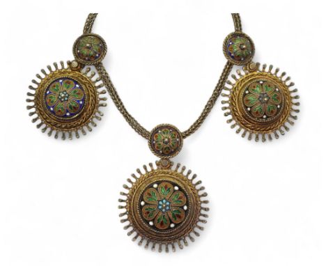 A SCANDINAVIAN TRADITIONAL NECKLACE made in gilded white metal (stamped 830) decorated with cloisonne enamel flowers, central