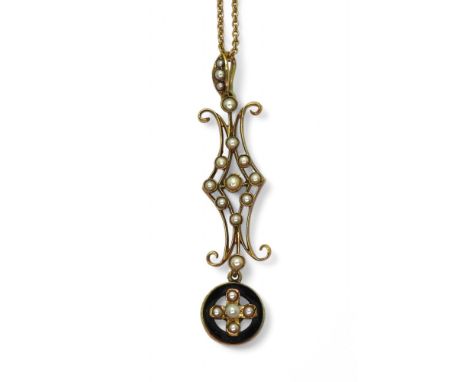 A PEARL AND ONYX PENDANT made in 14k gold the central ring of onyx is set with a pearl set cross, with further pearls set to 