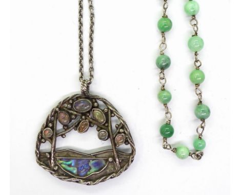 AN ARTS & CRAFTS STYLE COLLECTION a white metal paua shell pendant set with jelly opals, length 4.7cm, on a 50cm chain. Toget