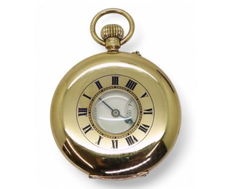 A DENT LONDON HALF HUNTER made in 9ct gold hallmarked Birmingham 1934, enamel chapter ring to out case, classic white enamel 