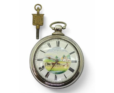 A PAIR CASE WITH A FARMING THEME the inner case is hallmarked London 1832, the outer case is not hallmarked. The white enamel