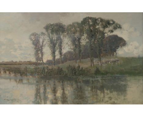 WILLIAM ALFRED GIBSON (SCOTTISH 1866-1931) RIVERSIDE PASTORAL Oil on canvas, signed lower left, 59 x 89cm (23.25 x 35") Condi