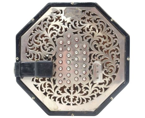 C. WHEATSTONE fifty-six button concertina, serial no. 24976, with pierced nickel plate ends,18.5cm across flats, and 5 leathe