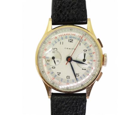 A CHRONOGRAPH WRISTWATCH the case with 18k gold Swiss Helvetia marks. The Chronograph dial with twin subsidiary dials, is sig
