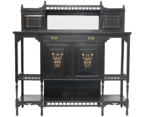 A LATE 19TH CENTURY EBONISED AESTHETIC MOVEMENT BREAKFRONT SIDE CABINET  with galleried back with bevelled glass mirrored bac