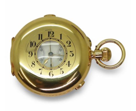 A SPLIT CHRONOGRAPH 1/2 HUNTER a swiss multi jewel, with stop watch facility. white enamel dial with black Arabic numerals, t