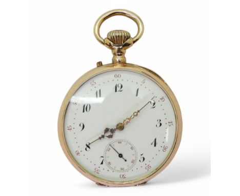 A FRENCH OPEN FACE POCKET WATCH the case in bright yellow metal with indistinct marks, the dust cover signed Charles Jean, Ru