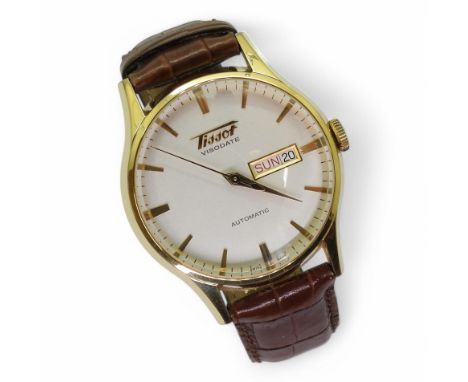 A GENTS TISSOT VISODATE AUTOMATIC a gold plated case with exhibition back, cream dial with gold coloured baton numerals, daup