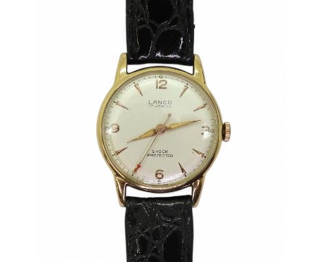 A LANCO 17 JEWEL WATCH The 9ct gold case, hallmarked 1959, with silvered dial with gold coloured dagger numerals with quarter