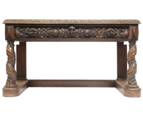 A 19TH CENTURY OAK BUFFET rectangular top with gadrooned edges over pair of long drawer carved with grapes and pomegranates o