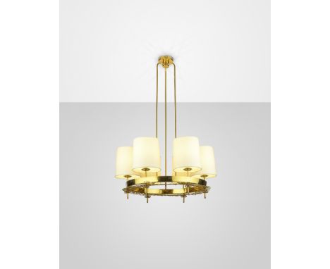 PAAVO TYNELLSix-armed ceiling light, from a private commission, Finland, 1936Brass, glass, fabric shades. 115.5 cm drop, 74 c