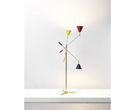 Angelo Lelii 'Triennale' three-armed adjustable standard lamp, model no. 12128s, circa 1951Painted aluminium, brass, painted 