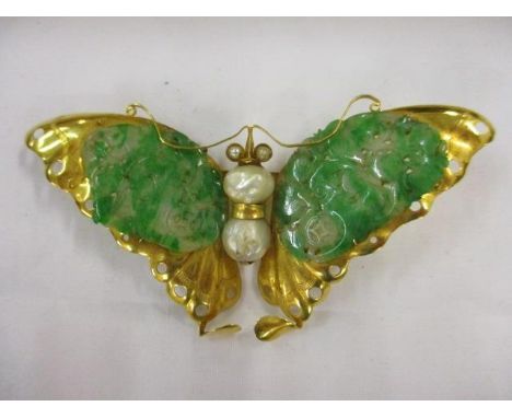 A 22ct gold jade and pearl butterfly brooch, 3 1/2" w  A/F