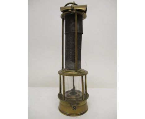 A R Henderson Clanny type brass and gauze minors safety lamp with a hinged top and clear glass panel, 10 1/4" h 