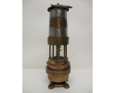 A J H Naylor Ltd Spiral Arm type 'M' brass and polished metal miners safety lamp and methane detector with clear and red glas
