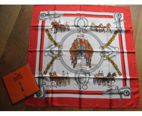 Hermes - a Philippe Ledoux 'Equipages' 1973 vintage silk scarf, red colourway, 34" x 35"