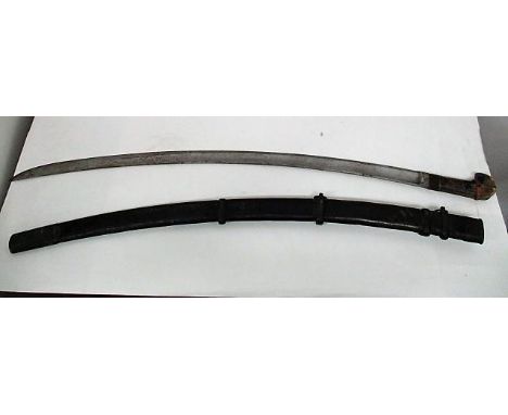 An early 20th century Russian sword having a wooden handle and curved blade, stamped D42A and the ferrel stamped 23KII 2209, 