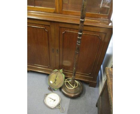 A mahogany standard lamp, together with two vintage scales 