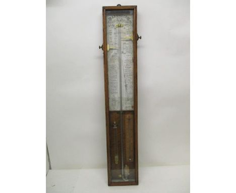 A Victorian Admiral Fitzroy barometer with a printed paper and walnut backing with brass markers, in a glazed fronted, oak ca