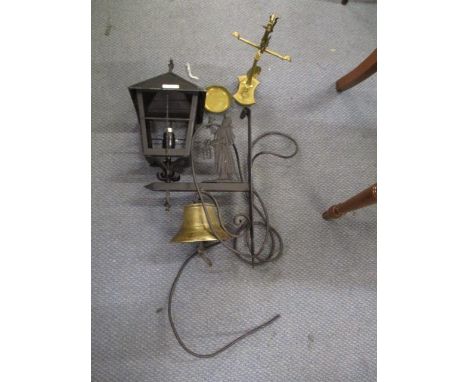 An outside lamp with a brass bell; and brass scales 