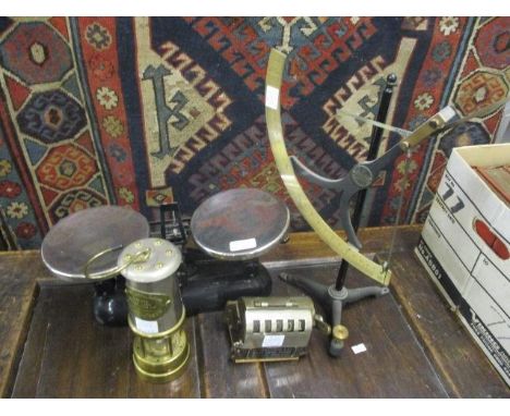Metalware to include a reproduction miner's lamp, paper scales, a set of balance scales and a George Orme & Co Atlas Meter Wo