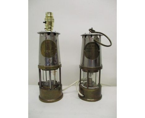 Two Protector Lamp & Lighting Co Ltd type GRG brass and polished metal minors safety lamps, 9 1/4" h, converted to electricit