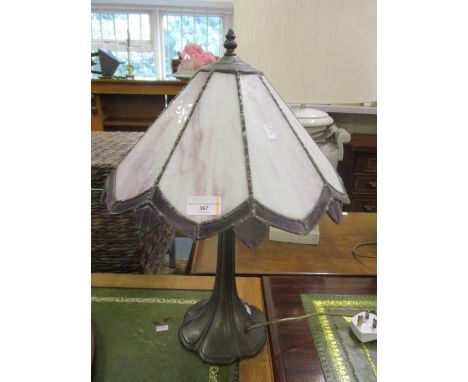 A contemporary Tiffany style pewter table lamp with a purple and pink shade, 20"h 