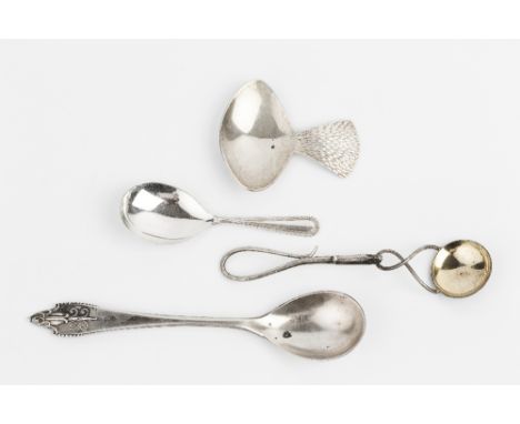 A DANISH SILVER SMALL SERVING SPOON by Georg Jensen, with bellflower terminal, 16cm long; a continental spoon, with circular 