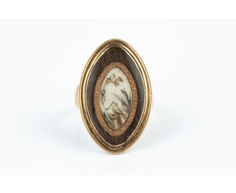 A GEORGIAN MEMORIAL PANEL RING, the navette-shaped panel centred with an ivory plaque, painted en grisaille with two doves jo